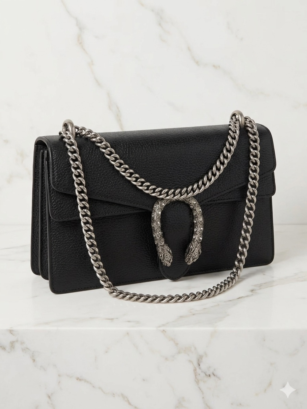 GUCCI MEDIUM DIONYSUS- Black Leather Chain Shoulder Bag with Silver Hardware